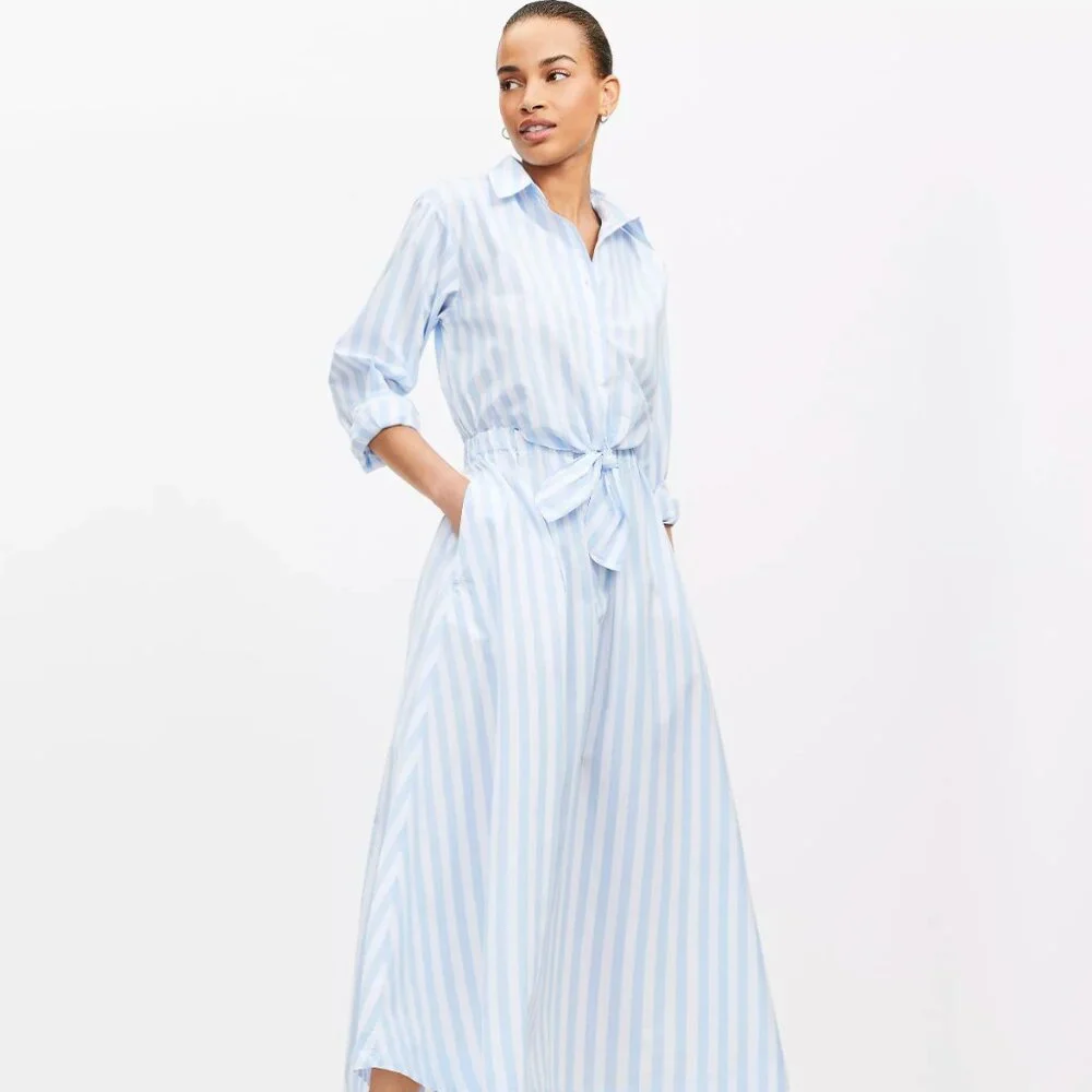 Striped Shirt Dress with Tie Waist - Light Blue/White - Picture 1 of 4